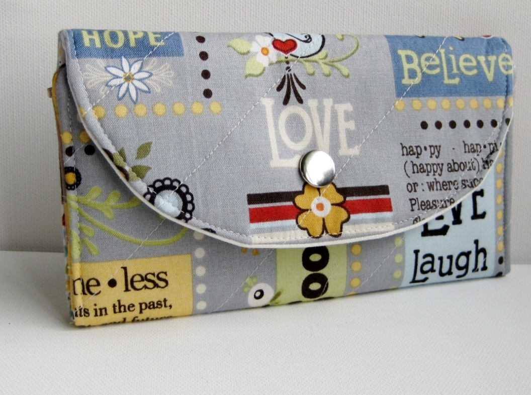 Woman Handmade Fabric Wallet - Bifold Wallet "live Laugh Love" In Grey