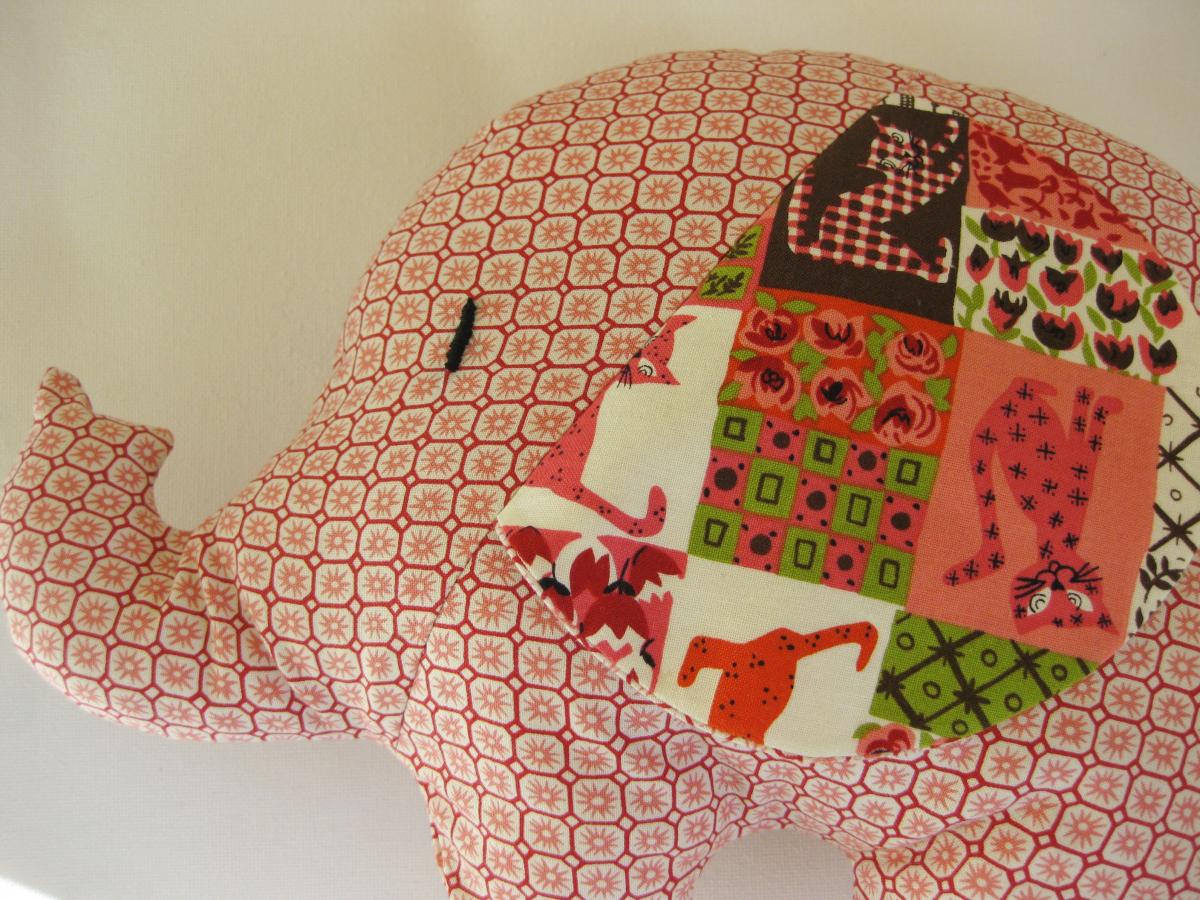 Personalised Soft Toy - Elephant Cushion - Handmade With Designer Fabric By Alexander Henry - In Light Red/pink Tones